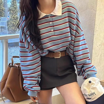 撞色polo领薄款竖条纹卫衣