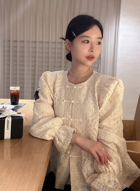 复古中式盘扣蕾丝钩花喇叭袖衬衫