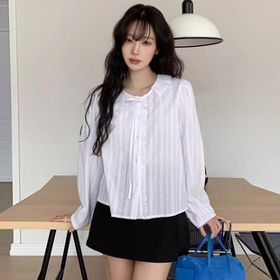 衬衫 良良家 甜美减龄翻领系带木耳边拼接单排扣长袖 新款 女 春季
