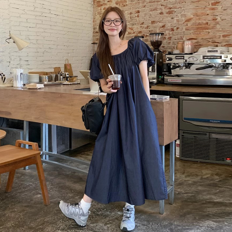 良良家复古方领洗水牛仔连衣裙女