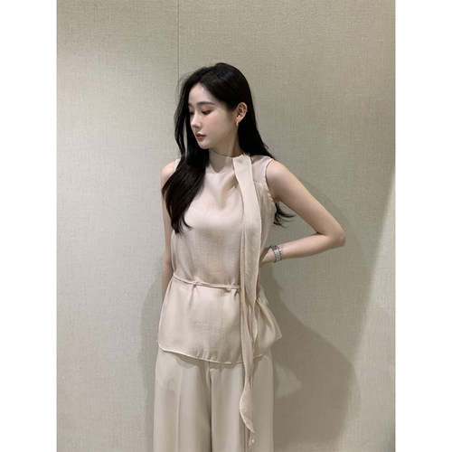 高级感微高领飘带背心衬衫女