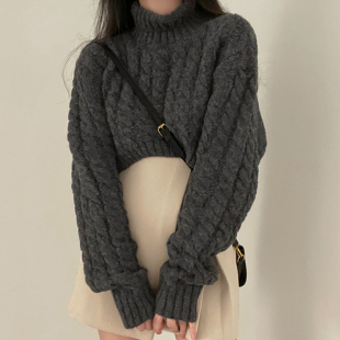 韩国chic秋冬法式 复古高领麻花纹设计宽松百搭加厚保暖套头毛衣女