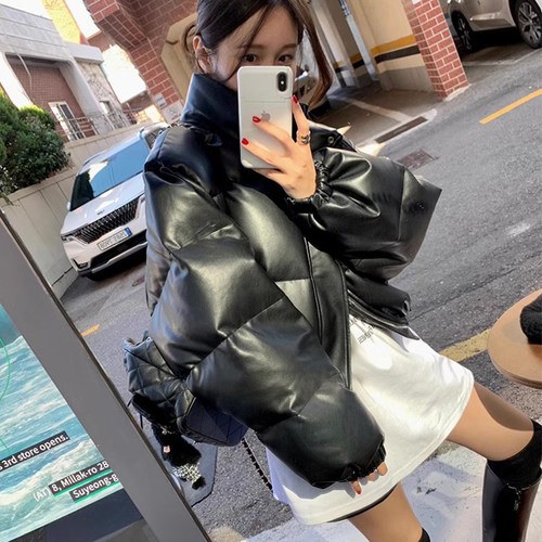 古立领黑哑光PU皮面包服外套女