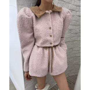 泡泡袖 撞色翻领短款 外套女2025秋季 新款 时尚 高腰抽绳阔腿短裤 套装