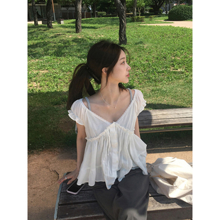 韩国chic夏季温柔风V领蕾丝边褶皱感设计宽松显瘦泡泡袖衬衫上衣