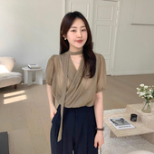 衬衫 温柔风飘带交叉V领褶皱纹理感泡泡袖 上衣女 新款 韩国chic夏季