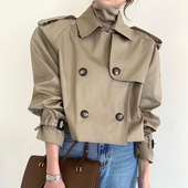 风衣外套女 短款 韩国chic秋季 复古小众翻领撞色双排扣宽松百搭长袖
