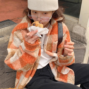 复古洋气撞色格子粗花呢衬衫外套2025冬季新款宽松百搭不对称上衣