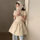 韩国chic夏季 复古简约圆领高腰显瘦叠穿纯色泡泡袖 花苞裙连衣裙女