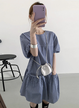 良良家可爱减龄双口袋格子连衣裙女夏季新款复古小众泡泡袖短裙子