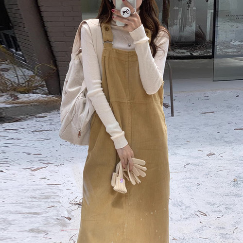 中长款灯芯绒无袖背心连衣裙