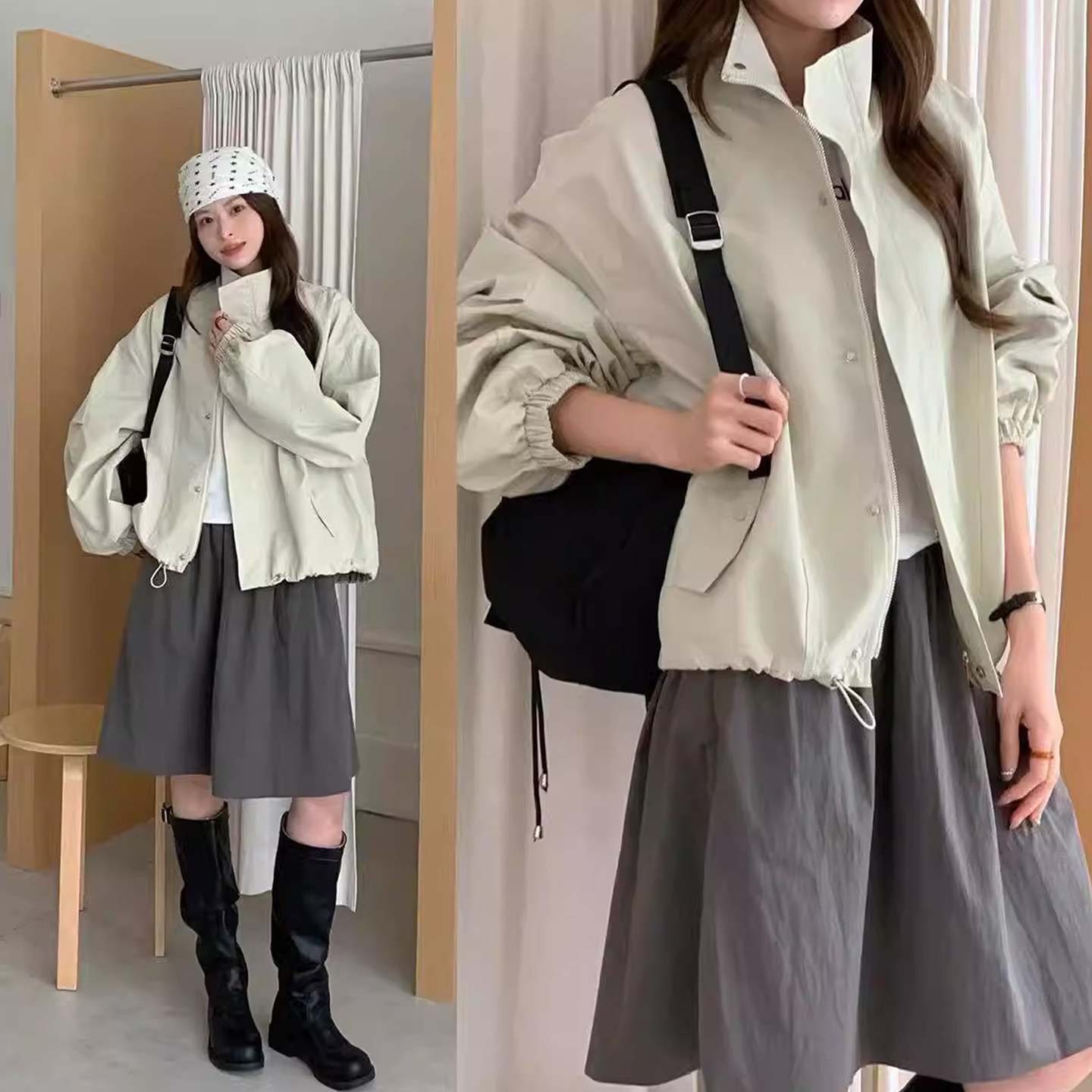 高级感纯色立领拉链衣摆抽绳工装外套女早春新款宽松百搭长袖上衣,女装/女士精品,短外套,淘宝优惠券,粉丝福利购,淘宝优惠卷