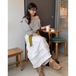 新款 良良家甜美气质拼接多层木耳边半身裙女夏季 韩系高腰A字长裙