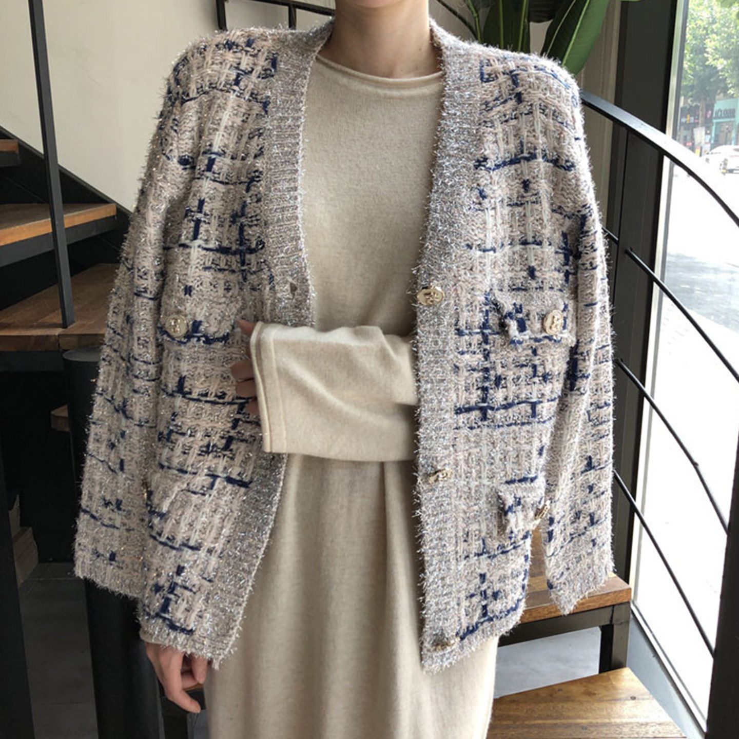 小香风重工混色编织格纹开衫外套