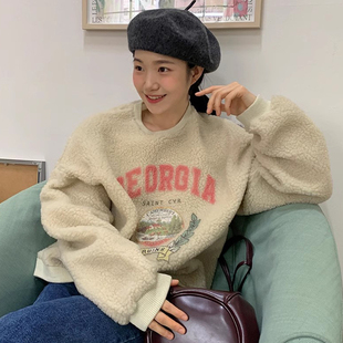 韩国chic秋冬复古温柔风圆领字母印花宽松百搭款 羊羔毛卫衣女 长袖