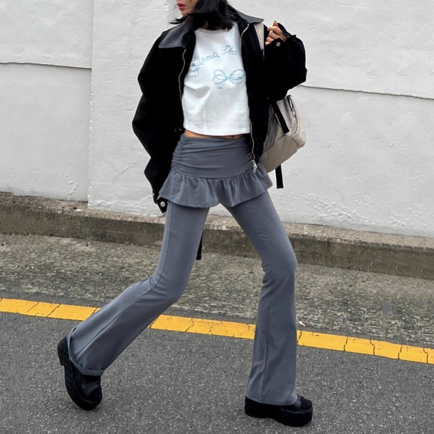 小众个性拼接荷叶花边裙摆假两件微喇裤女2025冬季高腰显瘦长裤子,女装/女士精品,休闲裤,淘宝优惠券,粉丝福利购,淘宝优惠卷