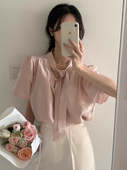 衬衫 温柔风飘带设计两面穿宽松休闲雪纺泡泡袖 女 法式 韩国chic夏季