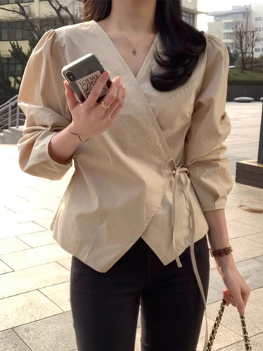 一片式系带百搭不规则长袖衬衫