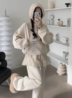时尚套装字母贴布短款卫衣女2025冬季拼接网纱裙摆休闲卫裤长裤子