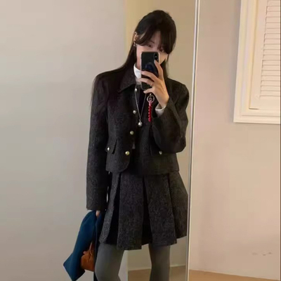 小香风短外套百褶半身裙两件套