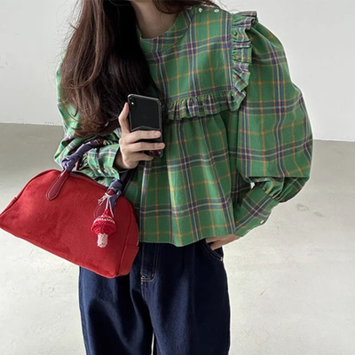 气质荷叶边设计格纹娃娃衫衬衫女