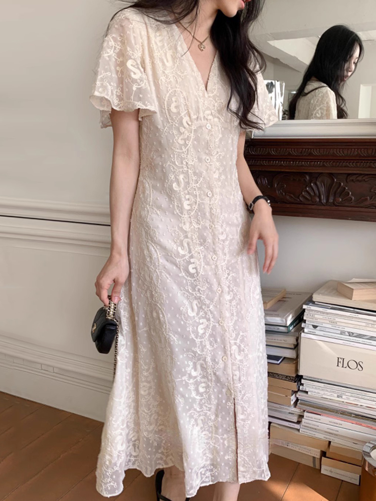 蕾丝钩花设计收腰显瘦短袖连衣裙