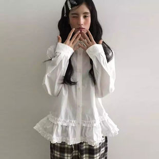 宽松百搭衬衣上衣 女早春新款 设计感褶皱荷叶花边下摆翻领长袖 衬衫