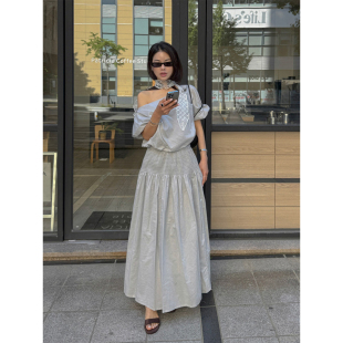 韩国chic夏季小众百搭不对称漏肩衬衫上衣+高腰褶皱半身裙套装女