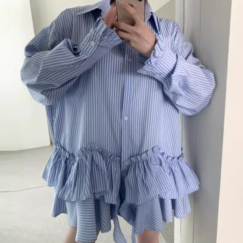 良良家 设计感不规则条纹连衣裙女春季新款翻领单排扣长袖衬衫裙
