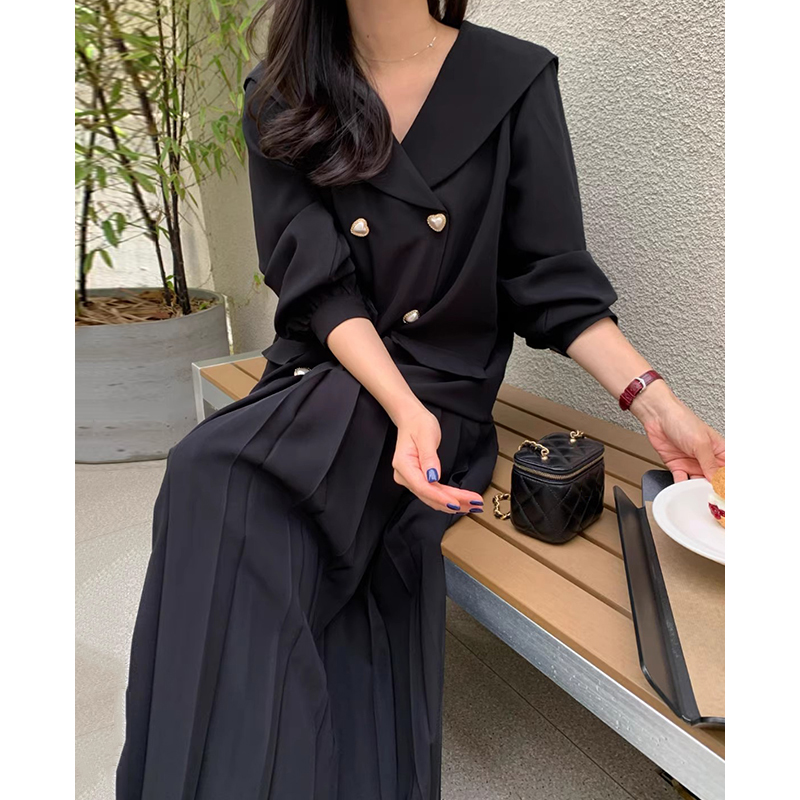 双排扣宽松休闲拼接百褶连衣裙