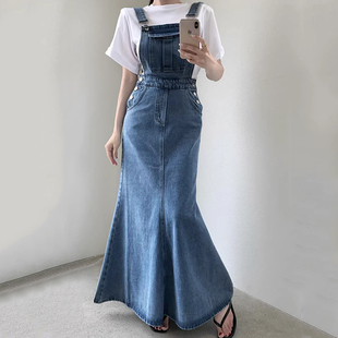 显瘦鱼尾长裙 修身 良良家复古大口袋水洗牛仔背带连衣裙女夏季 新款