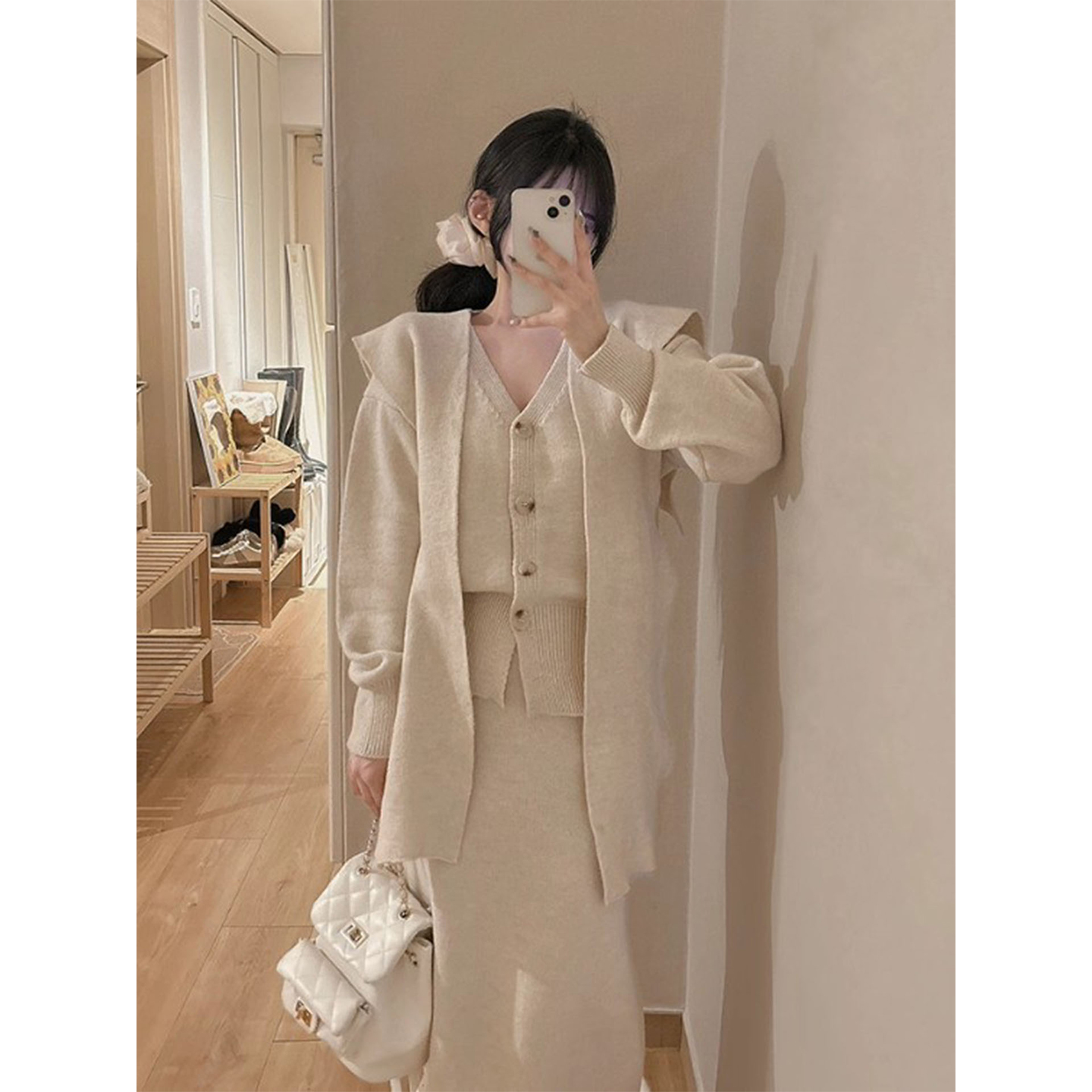 针织披肩加厚毛衣半身裙三件套