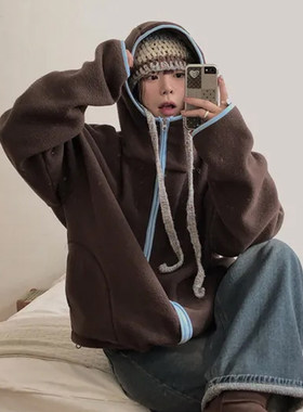 复古减龄撞色包边连帽摇粒绒外套