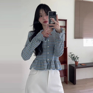 条纹针织衫 小众减龄单排扣拼接荷叶边裙摆长袖 女 新款 韩国chic秋季