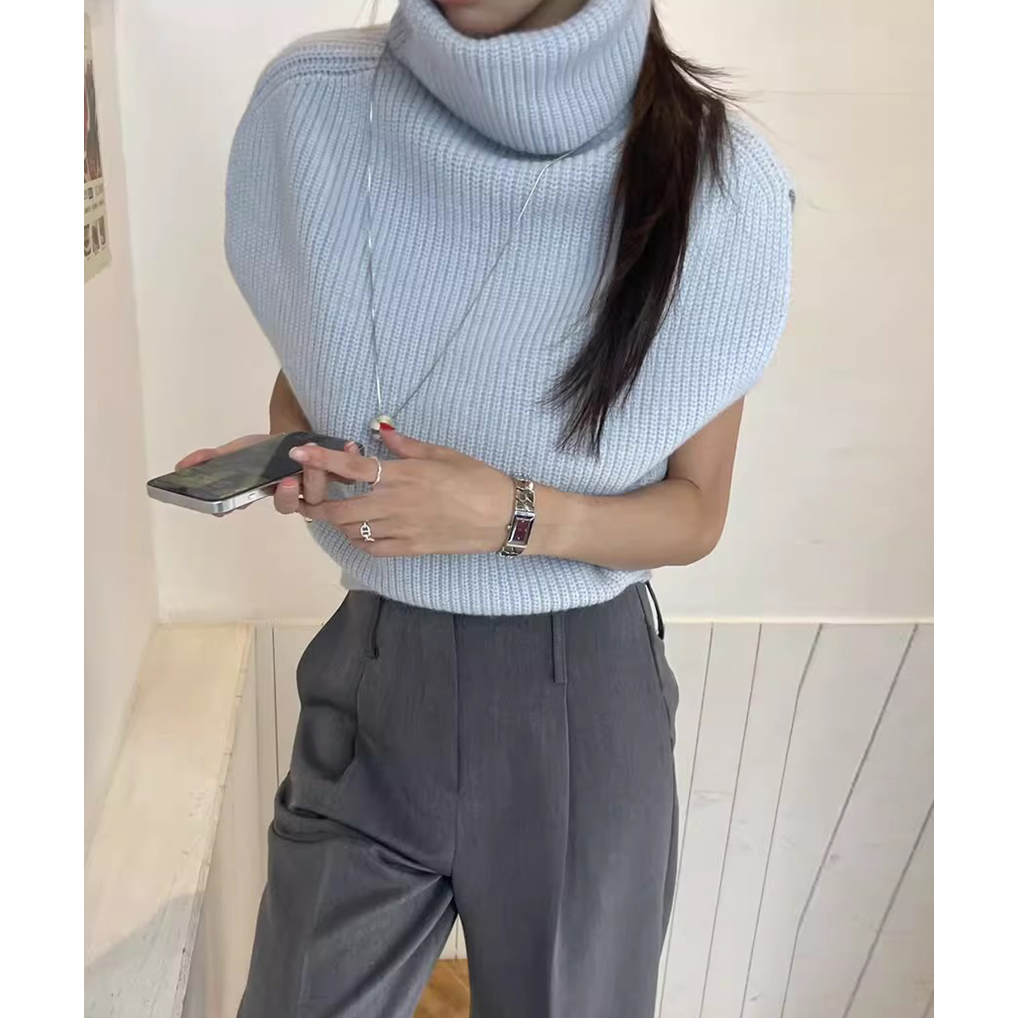 高级感堆堆领无袖打底针织衫毛衣