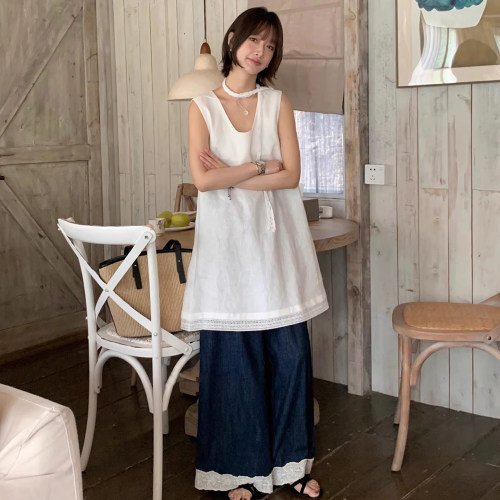挂脖飘带蕾丝连衣裙阔腿牛仔裤女