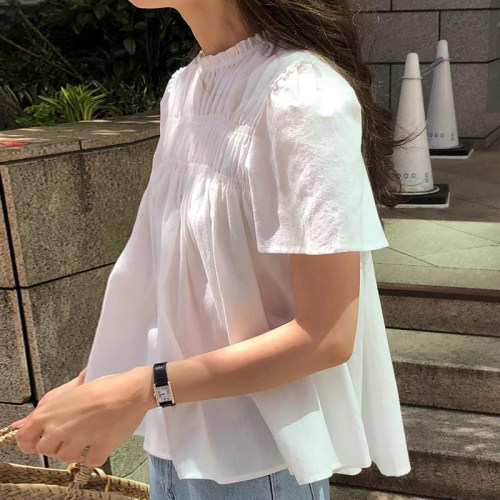 chic花边立领褶皱感泡泡袖衬衫女