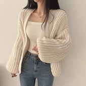 毛衣外套 软糯针织开衫 韩国chic秋冬法式 慵懒风V领宽松百搭灯笼袖