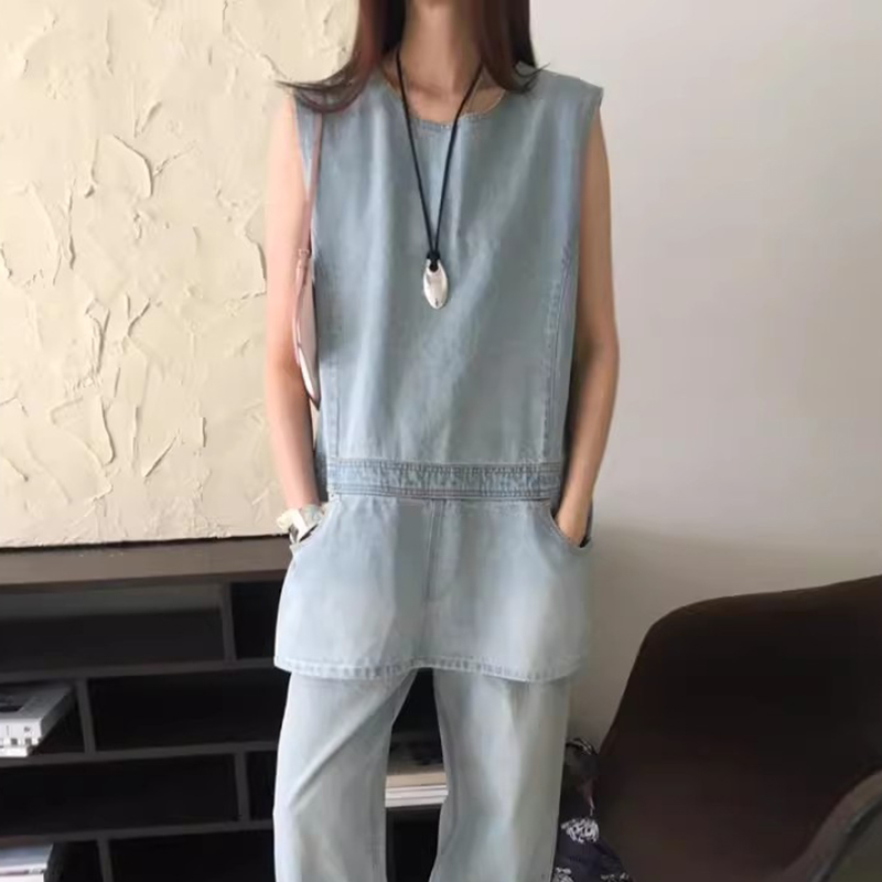 假两件叠穿口袋牛仔背心裙连衣裙