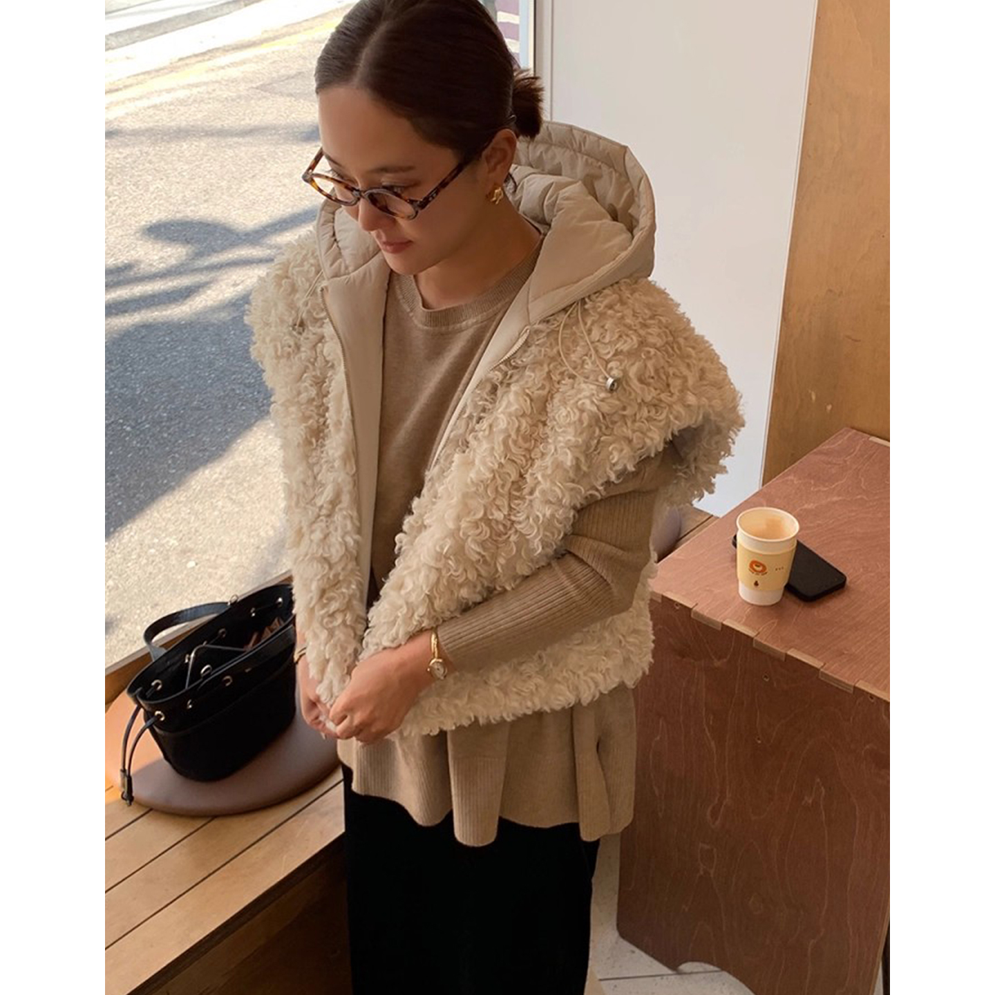 复古两穿圈圈毛连帽棉服马甲外套