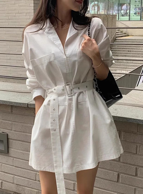 韩国chic秋季法式气质西装领双口袋收腰显瘦长袖衬衫连衣裙短裙女