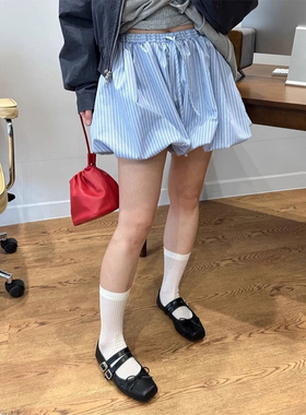 良良家蓝色条纹花苞裤短裤女夏季新款百搭系带高腰显瘦阔腿休闲裤