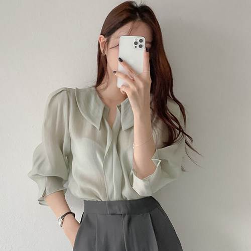 chic网纱微透泡泡袖衬衫女现货