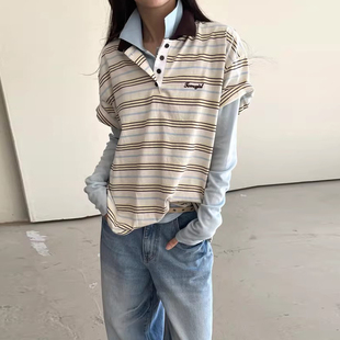 慵懒风撞色POLO领条纹刺绣小字母休闲短袖 T恤女 新款 良良家夏季