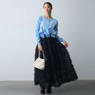 上衣女早春拼接网纱蛋糕半身裙套装 高级感立体蝴蝶结装 饰针织开衫