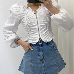 短款 良良家 小个子别致上衣 新款 女春季 设计感压褶拉链泡泡袖 衬衫