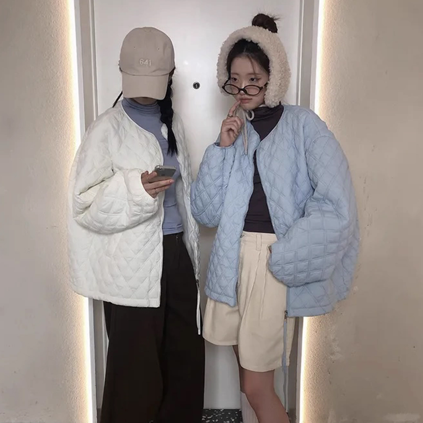 慵懒风糖果色菱格拉链式棉服外套