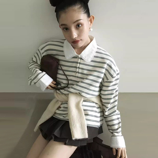 复古减龄撞色花边polo领条纹T恤衫女早春小个子百搭休闲套头上衣