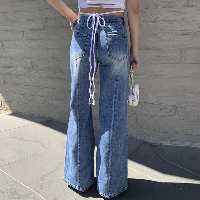chic高腰显瘦拼接直筒阔腿牛仔裤