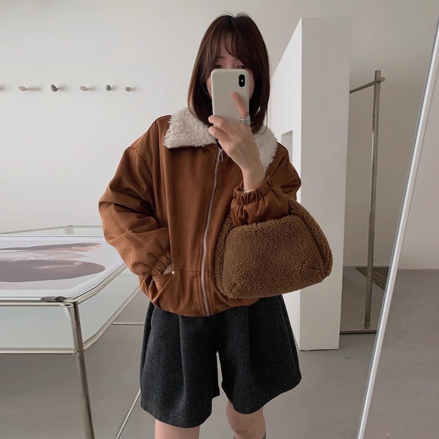 毛毛翻领鹿皮绒短款夹克外套